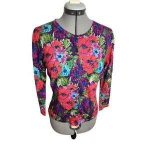Garnet Hill Womens Merino Wool Floral Cardigan Sweater Multicolor Size M 10330